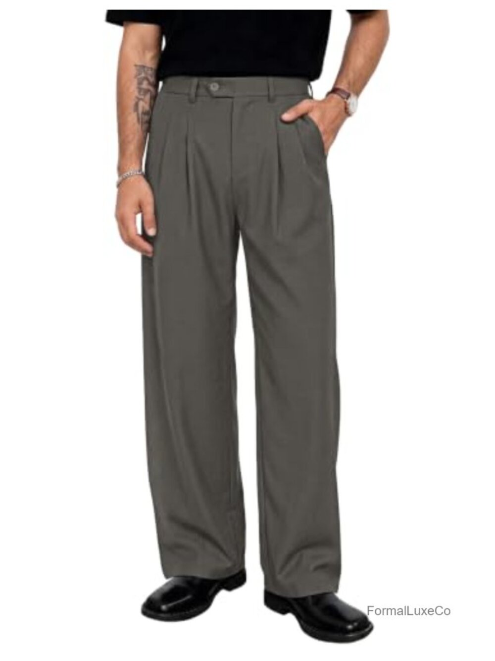 Men's Pleated Wide Leg Dress Pants Business Casual Trousers Polyester